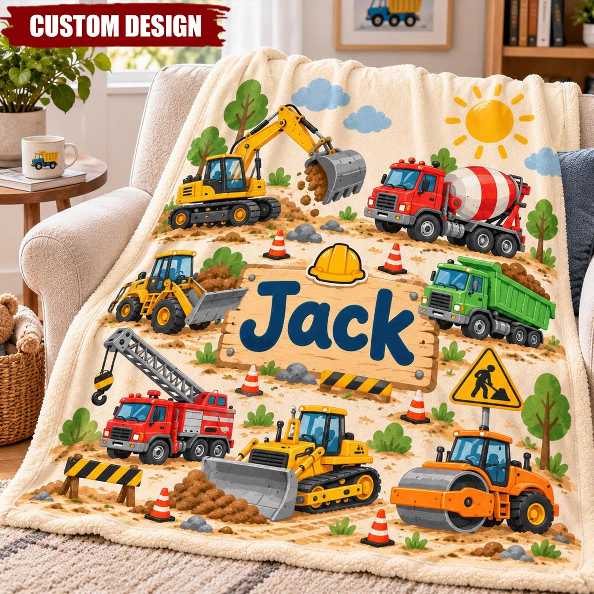 Construction Truck Custom Name Fleece Blanket - Personalized Excavator Toddler Boys Birthday & Christmas Gift