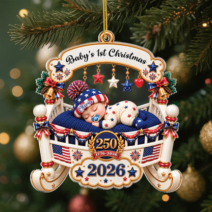 "Baby's 1st Christmas" Personalized Acrylic Ornament - Custom USA 250th Crib Keepsake for Newborn
