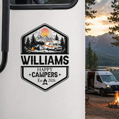 Happy Campers Personalized RV Decal Sticker - Custom Family Camper Graphic for Travel Trailer