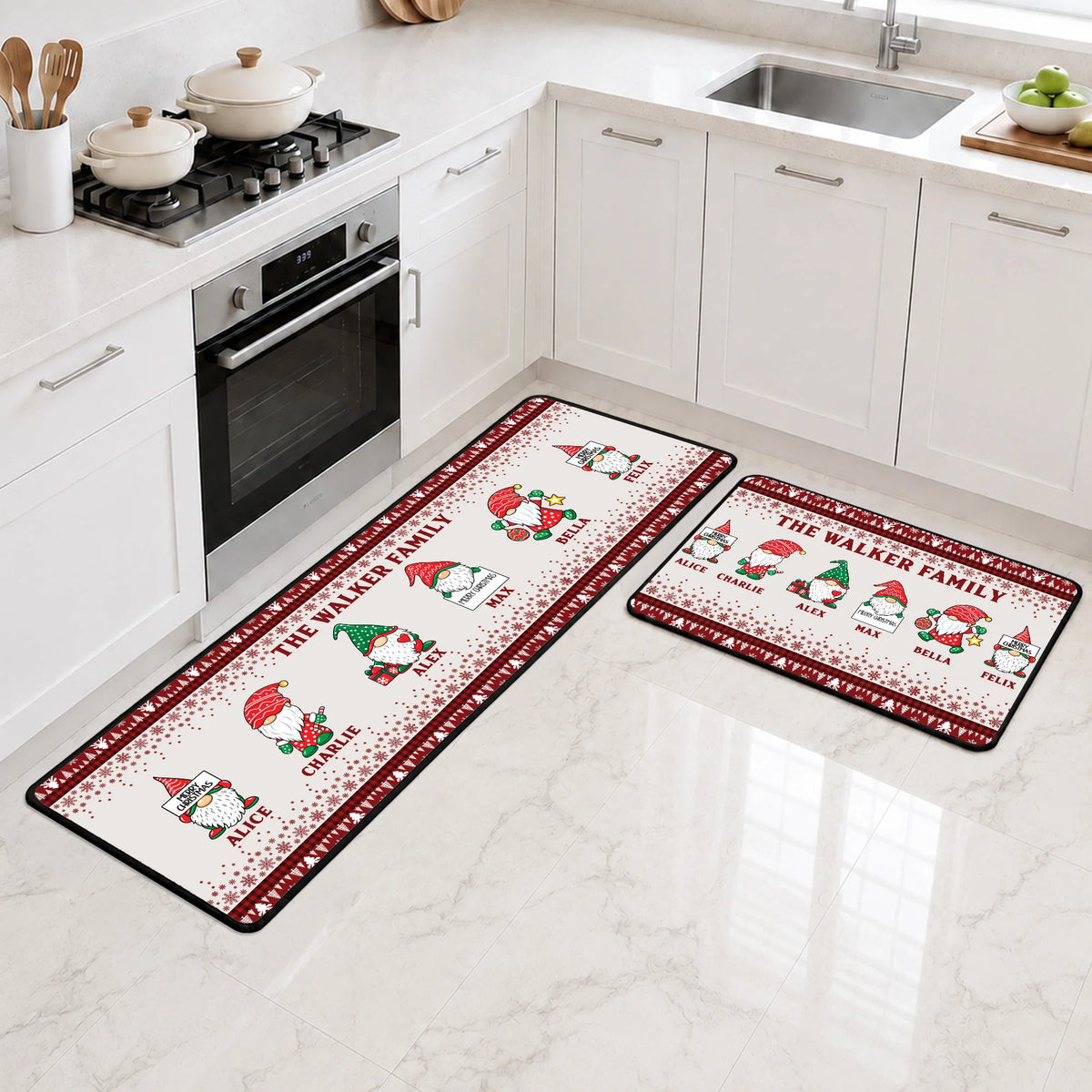 Merry Christmas Gnome Runner Rug - Personalized Kitchen Mat for Family Holiday Decor