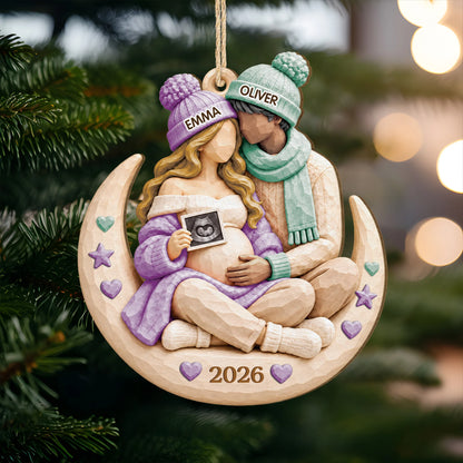 Personalized Parents to Be Moon Wooden Ornament - Custom Pregnancy Christmas Keepsake Gift