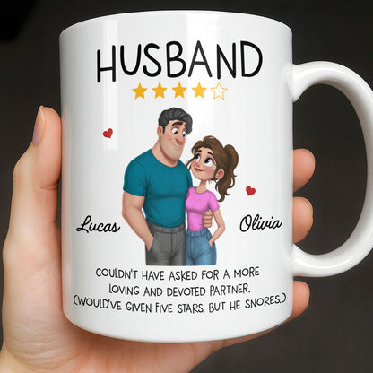 Funny personalized husband coffee mug with custom couple character art and star review quote