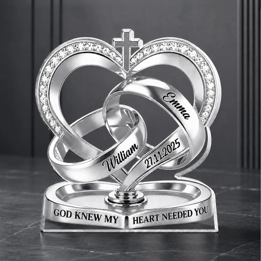 Personalized couple acrylic plaque featuring custom wedding rings and God Knew My Heart Needed You quote
