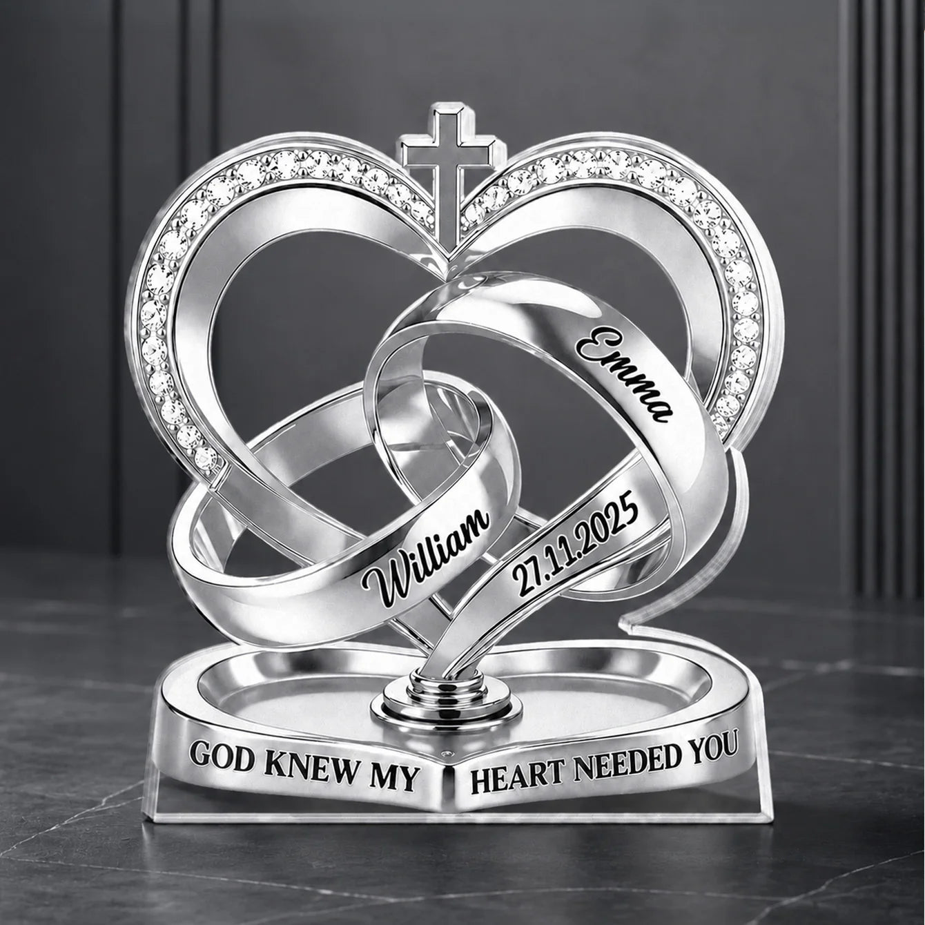 Personalized couple acrylic plaque featuring custom wedding rings and God Knew My Heart Needed You quote