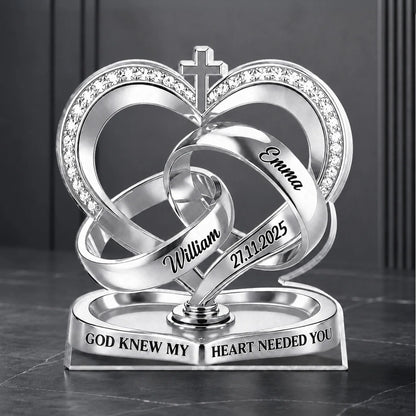 Personalized couple acrylic plaque featuring custom wedding rings and God Knew My Heart Needed You quote