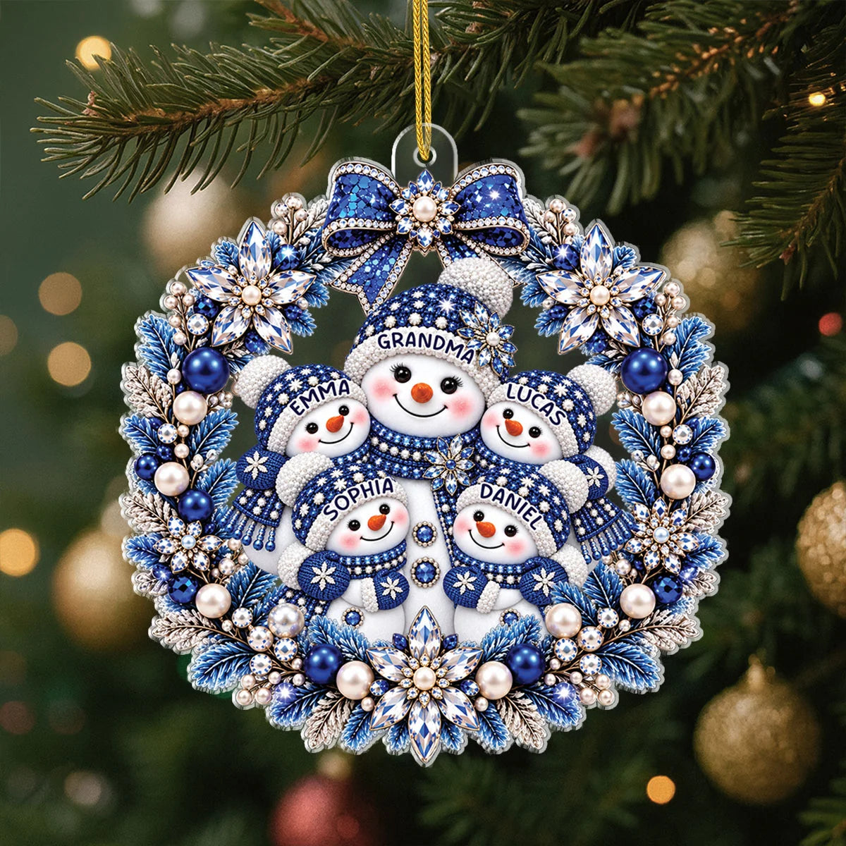 Snowman Family Wreath Personalized Acrylic Ornament - Custom Christmas Keepsake Gift for Mom Grandma