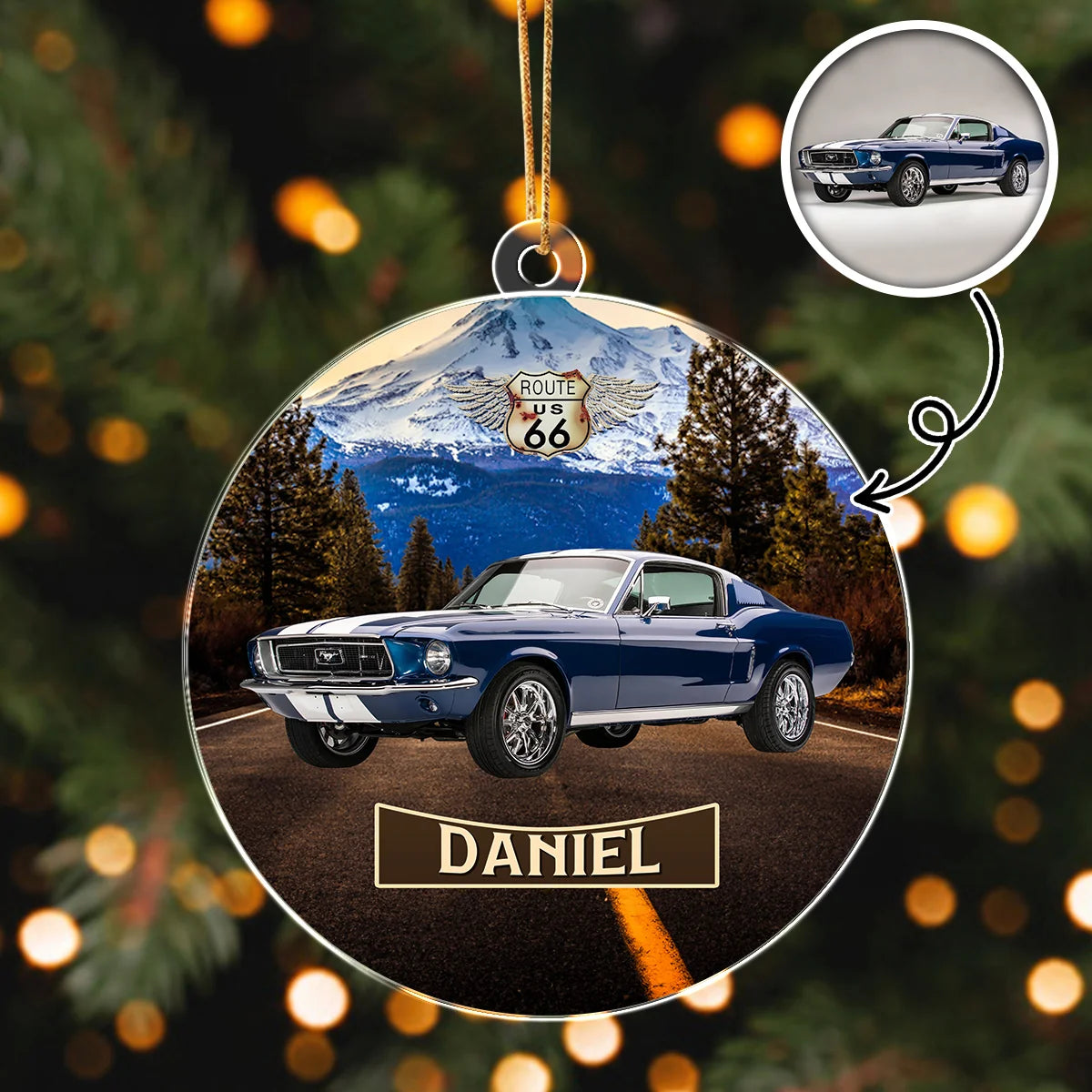 Route 66 Vintage Style - Personalized Car Photo Acrylic Ornament Gift for Car Lovers