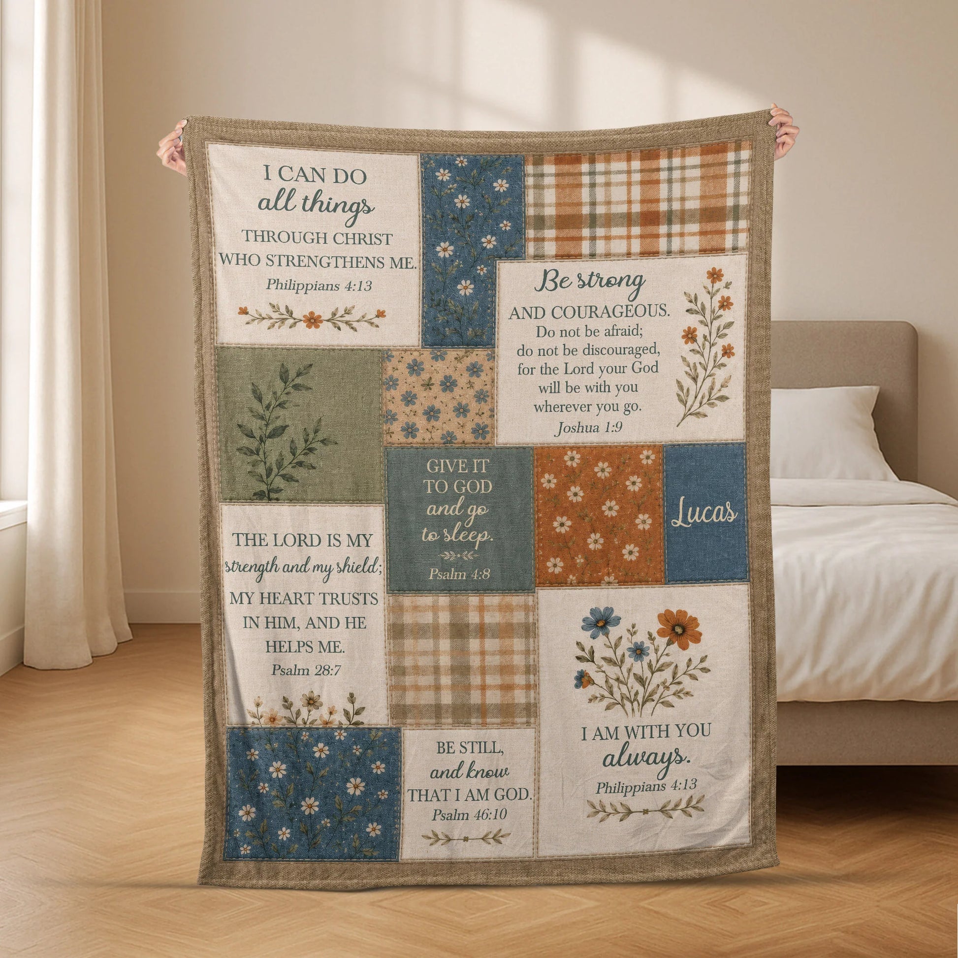 "I Can Do All Things" Personalized Bible Verse Patchwork Blanket - Custom Christian Family Faith Gift