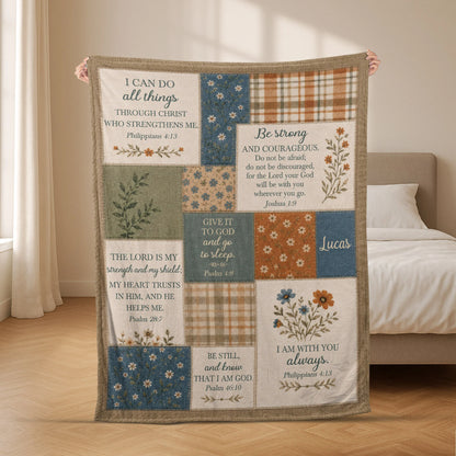"I Can Do All Things" Personalized Bible Verse Patchwork Blanket - Custom Christian Family Faith Gift