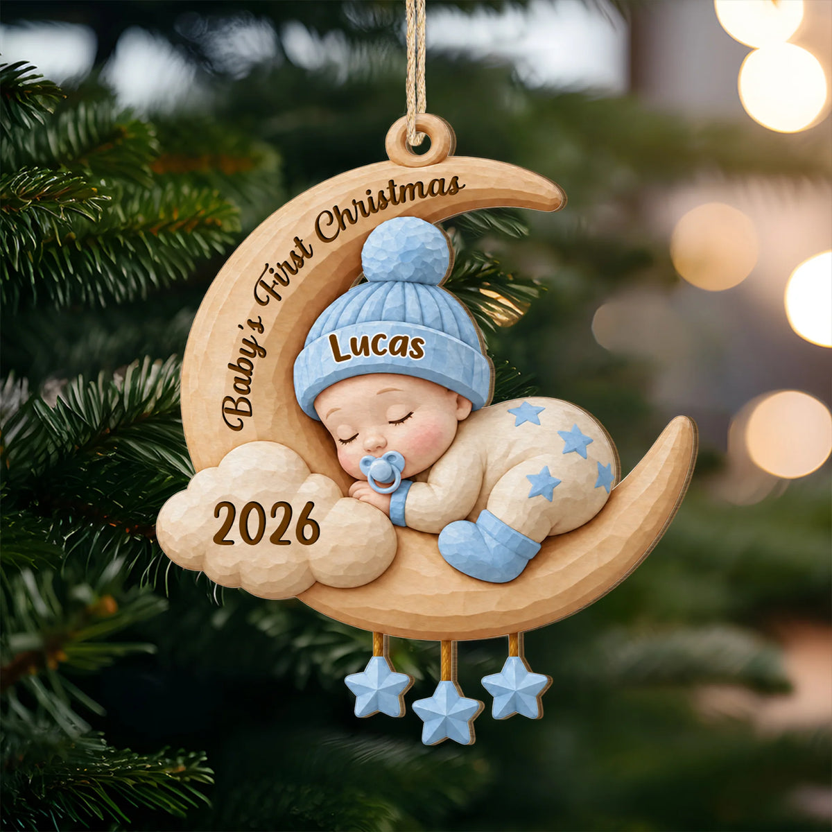 Baby's First Christmas Moon Personalized Wood Ornament - Custom Name Keepsake Gift for Newborn