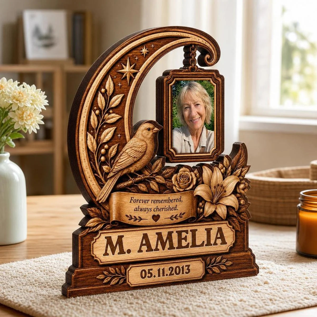 "Forever Remembered Always Cherished" Personalized Memorial Wooden Block - Custom Photo Sympathy Keepsake Gift for Family