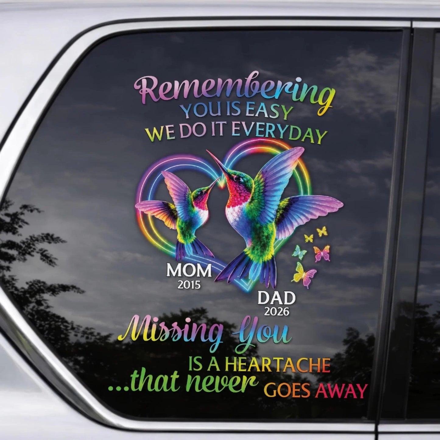 "Missing You Is A Heartache" Personalized Memorial Car Decal - Custom Hummingbird Remembrance Window Sticker