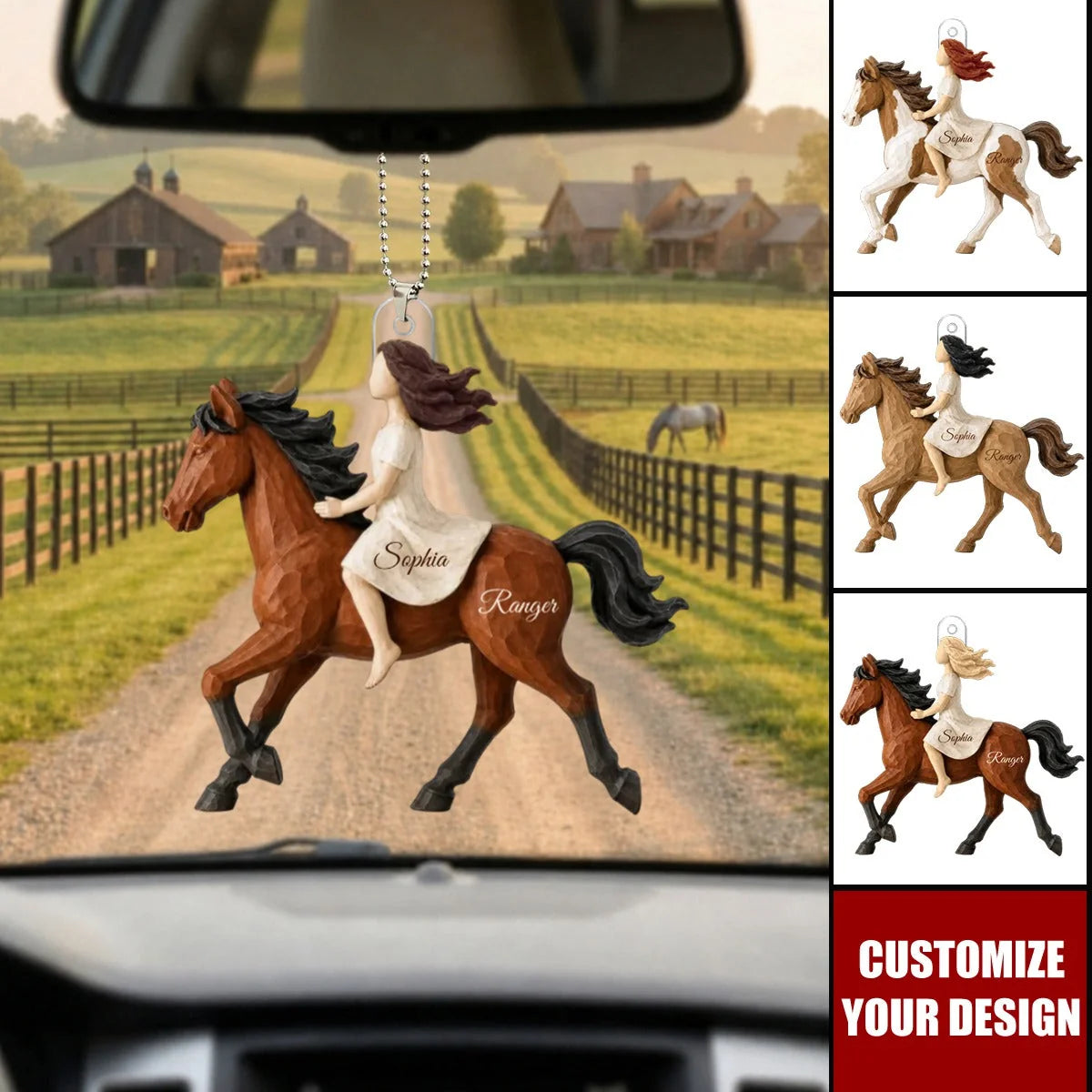 Girl Riding Horse Personalized Acrylic Car Ornament - Custom Equestrian Keepsake