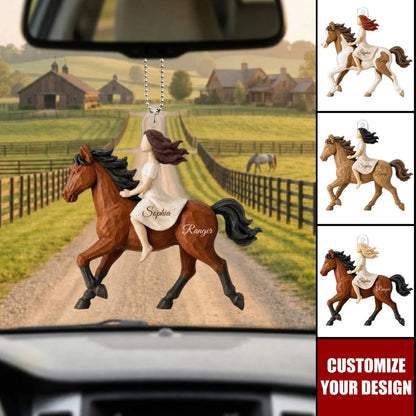 Girl Riding Horse Personalized Acrylic Car Ornament - Custom Equestrian Keepsake
