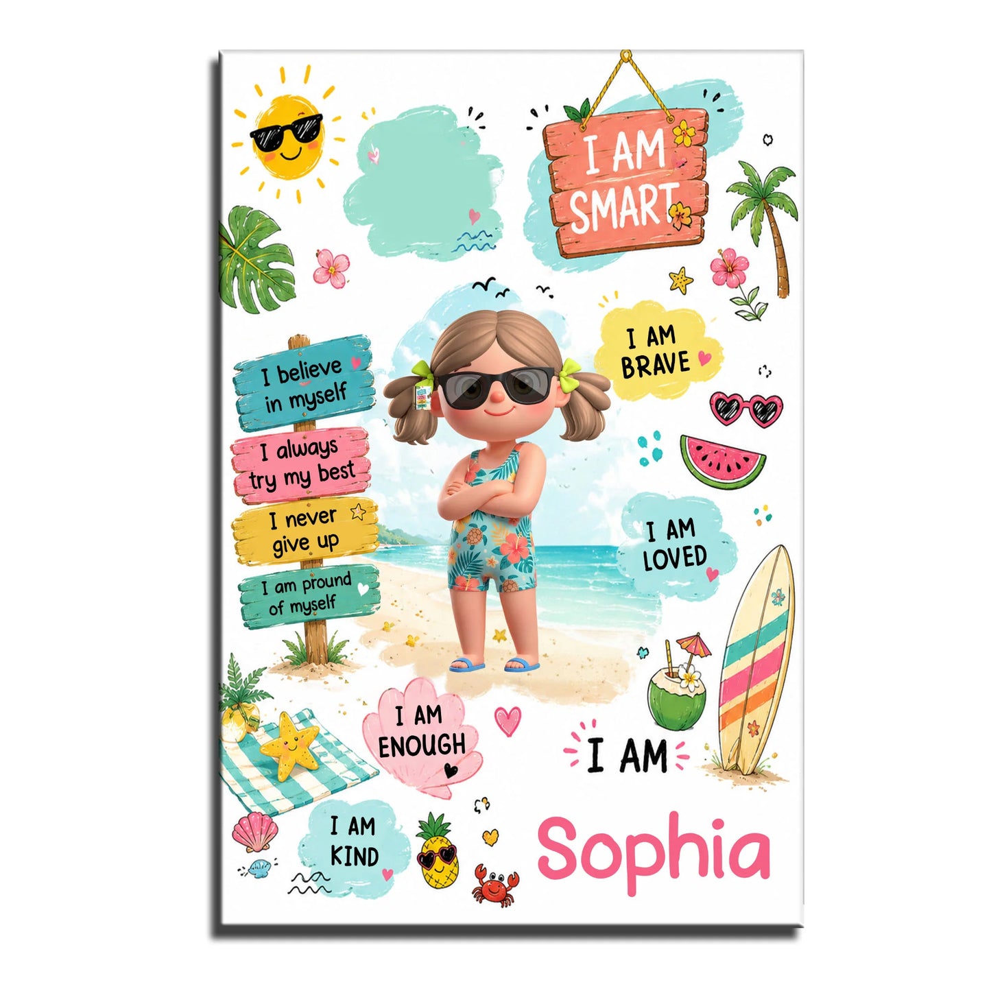 Personalized kids affirmation poster featuring a custom cartoon girl on a beach with motivational quotes image 8