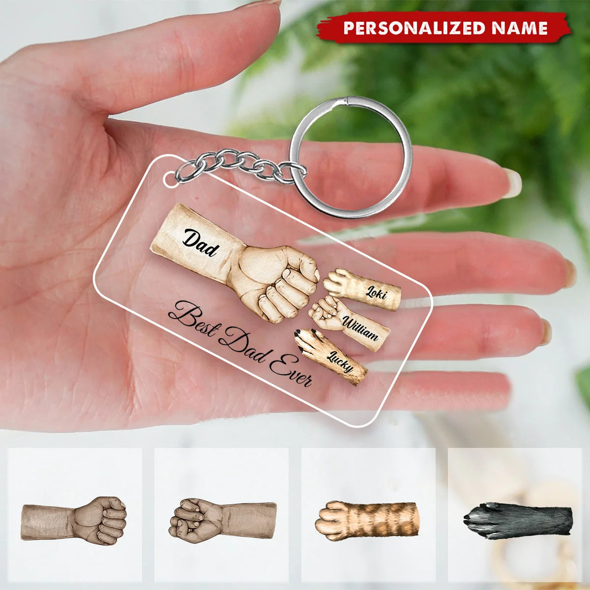 Best Dad Ever Fist Bump Personalized Acrylic Keychain - Custom Gift with Kids & Pet Paws