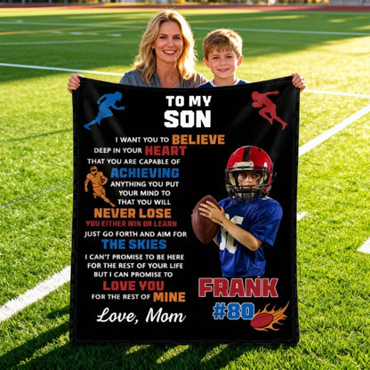 To My Son Personalized Football Blanket - Custom Photo Name & Number Game Day Gift
