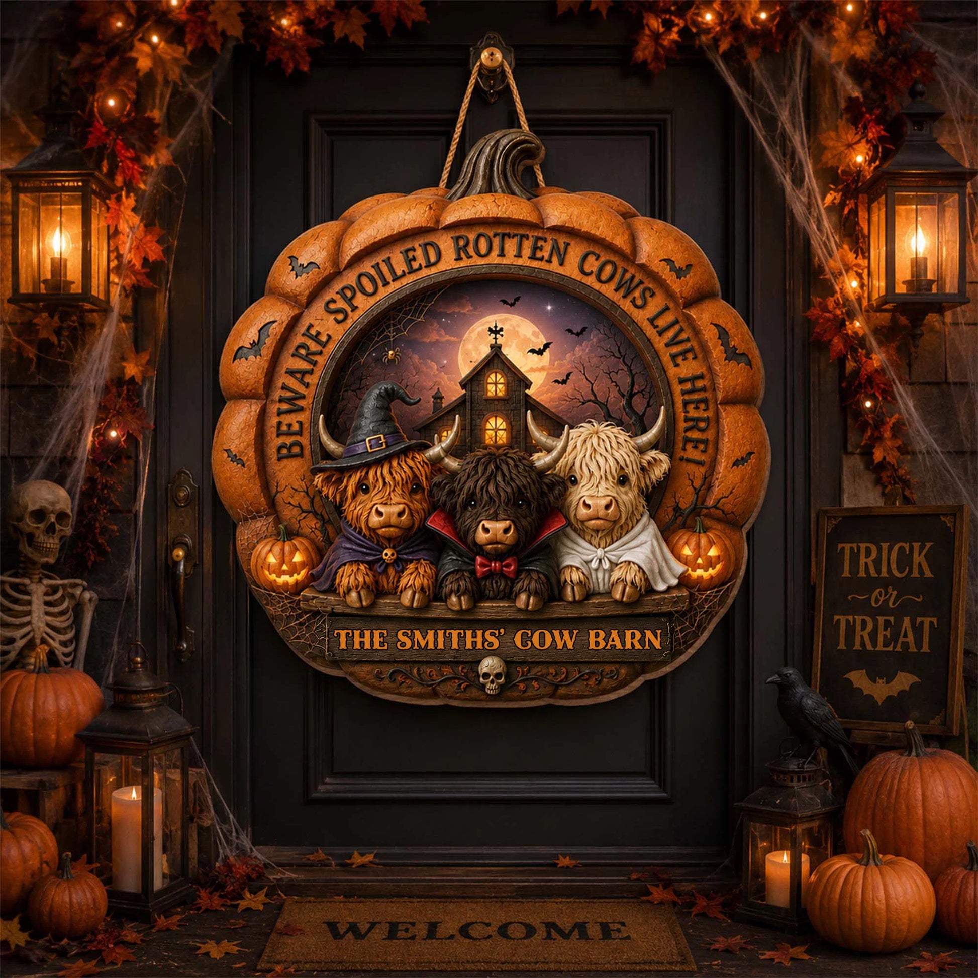 "Beware Spoiled Rotten Cows Live Here" - Personalized Highland Cow Farm Halloween Wood Sign