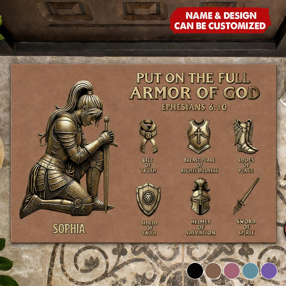 "Put On The Full Armor Of God" Personalized Doormat - Christian Housewarming Gift for Family