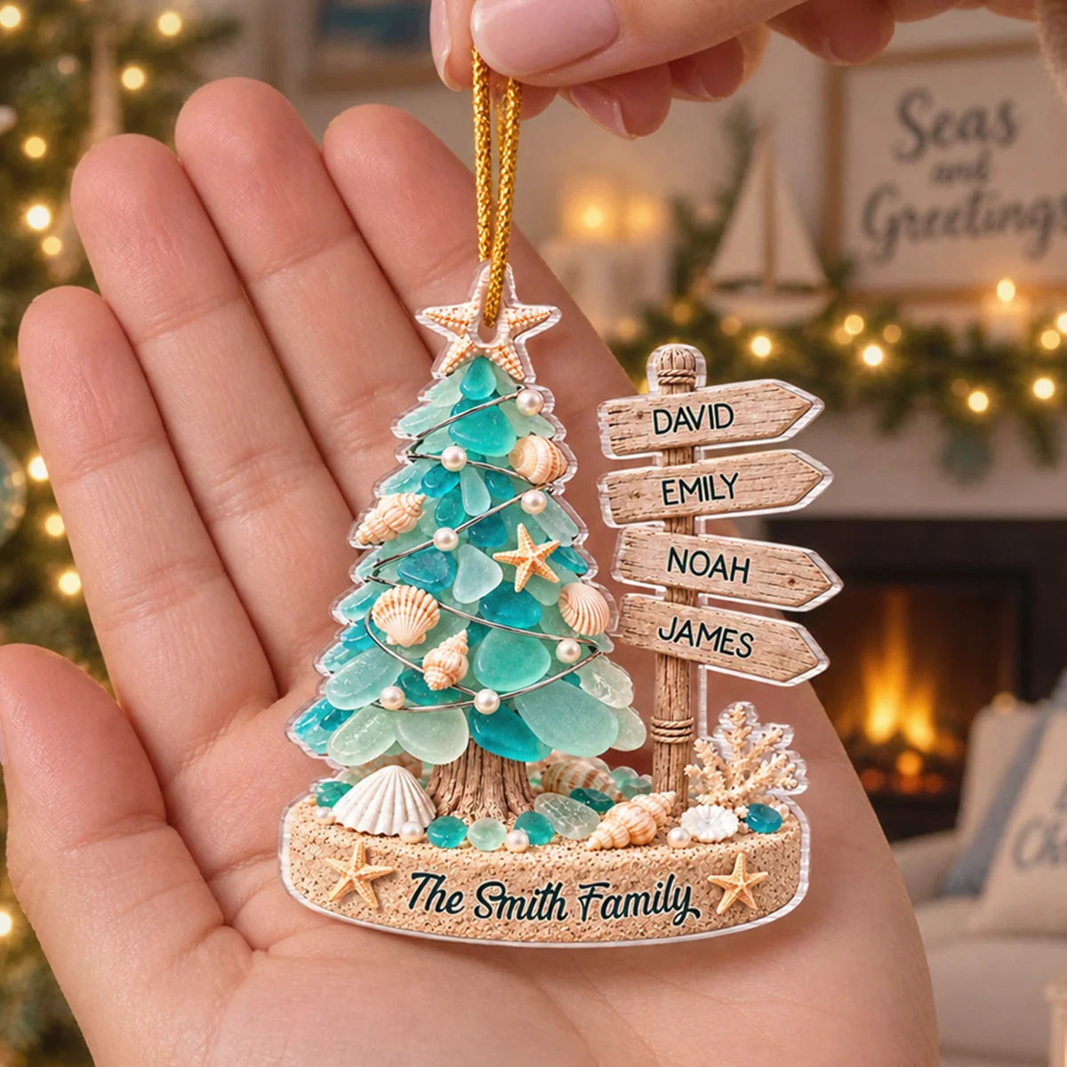 Custom Sea Glass Family Tree Acrylic Ornament - Personalized Christmas Keepsake Gift for Mom, Dad, Brother, and Sister
