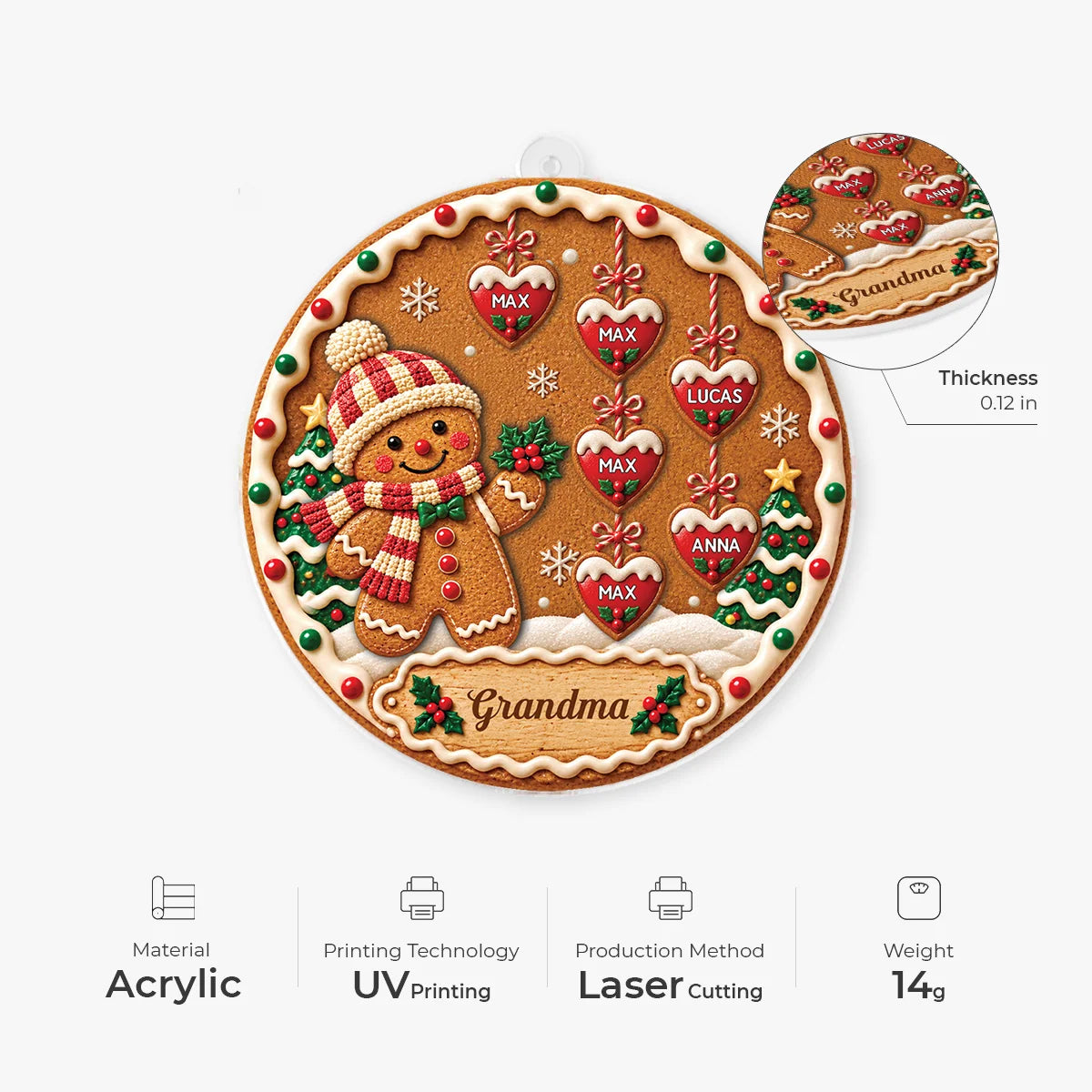 Personalized Gingerbread Acrylic Ornament Custom Heart Names - Christmas Gift for Grandma Mom