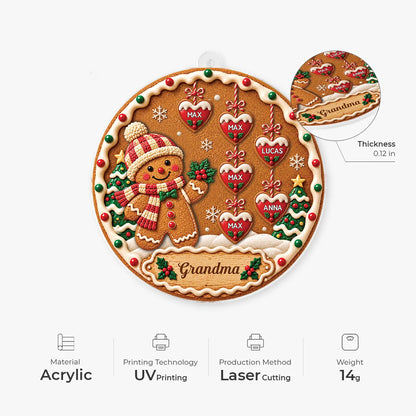 Personalized Gingerbread Acrylic Ornament Custom Heart Names - Christmas Gift for Grandma Mom