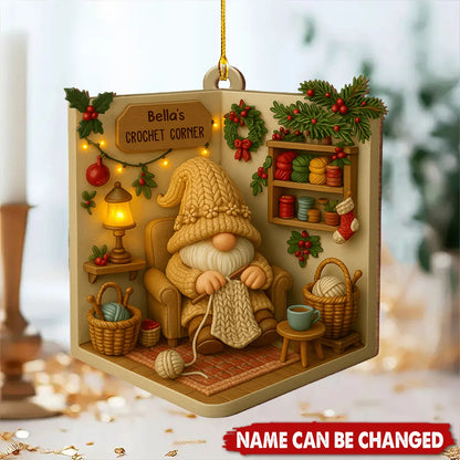 Crochet Corner Custom Wood Ornament - Personalized Crafting Gnome Keepsake Gift