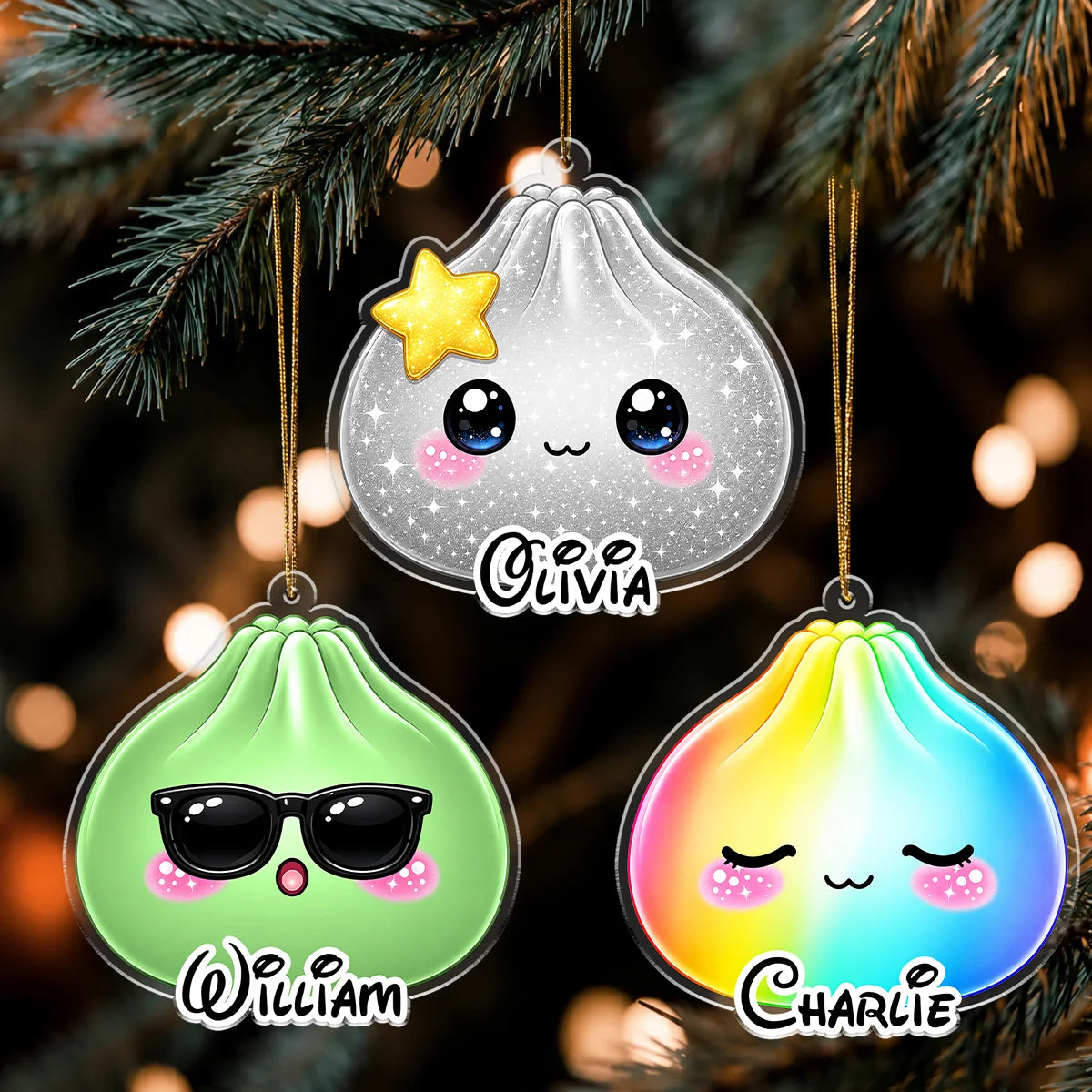 Cute Kawaii Squishy Dumpling Personalized Acrylic Ornament - Custom Christmas Gift for Kids & Family
