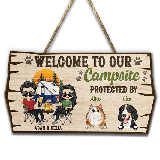 Welcome To Our Campsite Protected By Pets - Personalized Wood Sign for Camping Couples & Pet Lovers