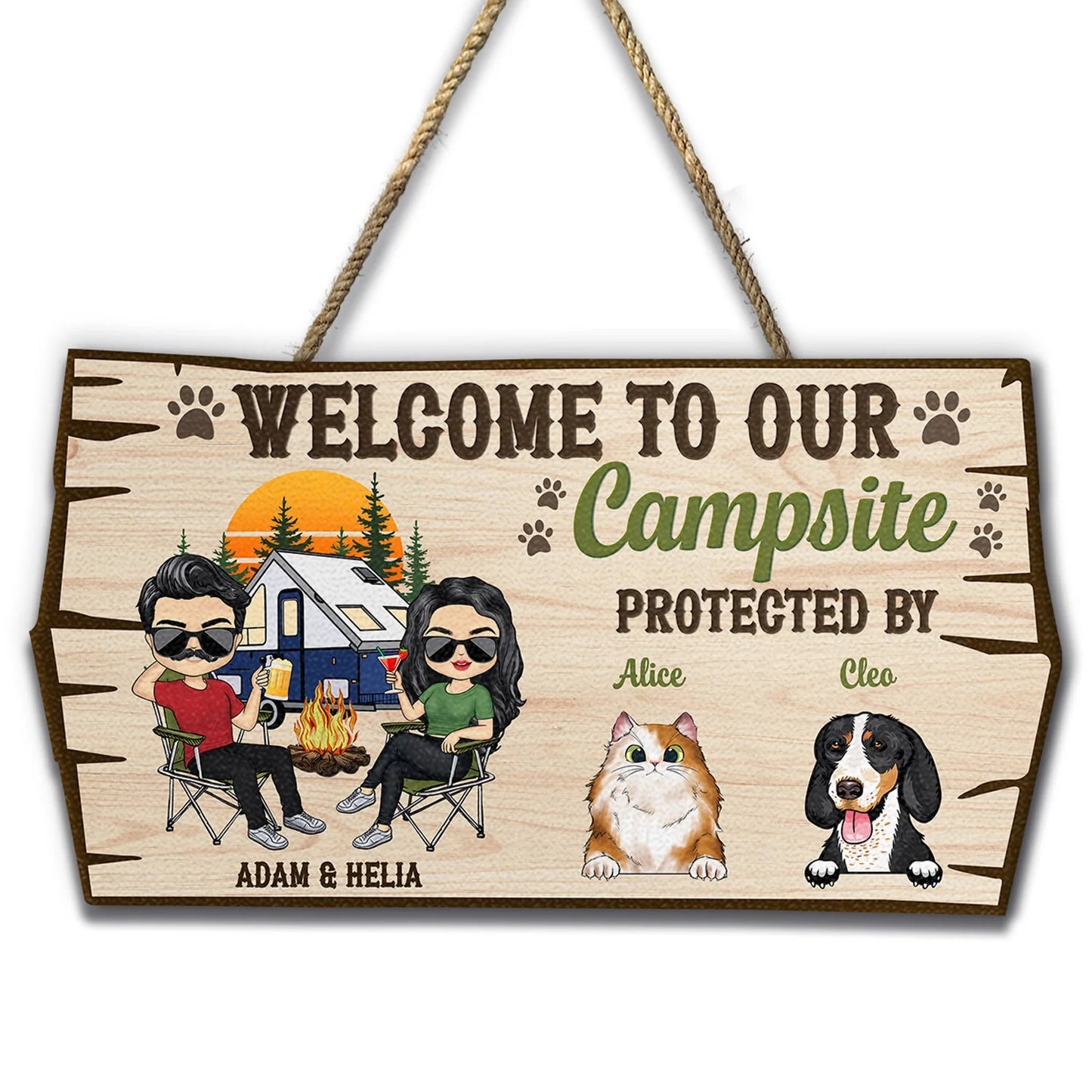 Welcome To Our Campsite Protected By Pets - Personalized Wood Sign for Camping Couples & Pet Lovers