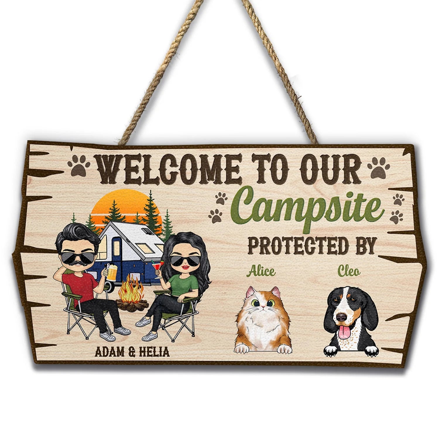 Welcome To Our Campsite Protected By Pets - Personalized Wood Sign for Camping Couples & Pet Lovers