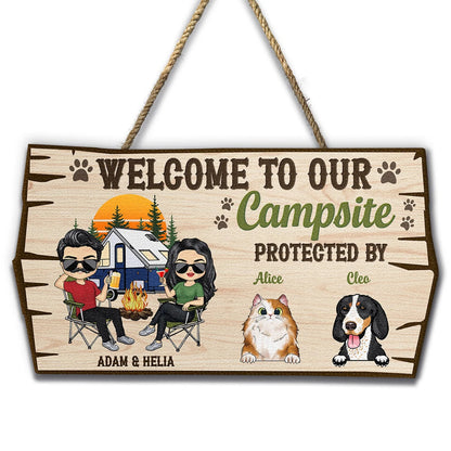 Welcome To Our Campsite Protected By Pets - Personalized Wood Sign for Camping Couples & Pet Lovers