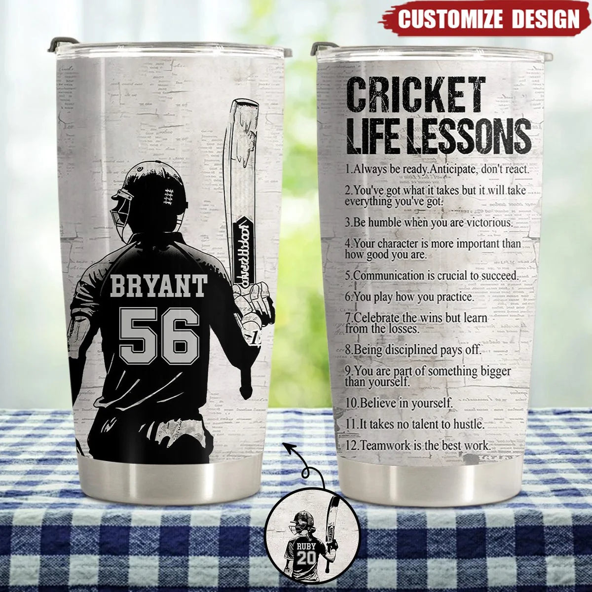 Cricket Life Lessons – Personalized Tumbler for Cricket Lovers, Custom Name Travel Cup