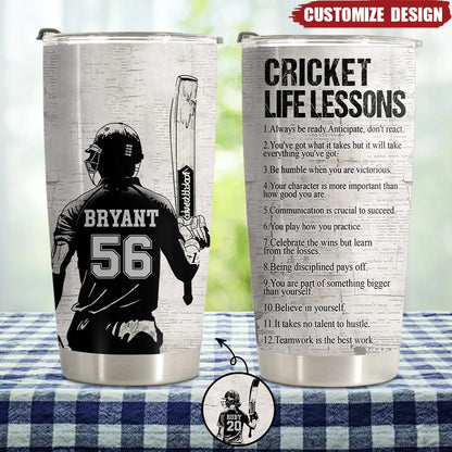 Cricket Life Lessons – Personalized Tumbler for Cricket Lovers, Custom Name Travel Cup