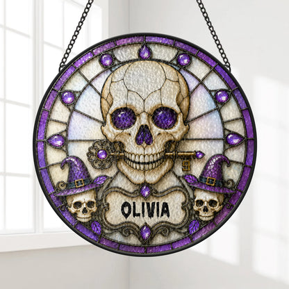 Gothic Skull Key Glass Suncatcher - Personalized Halloween Decor Gift for Friends