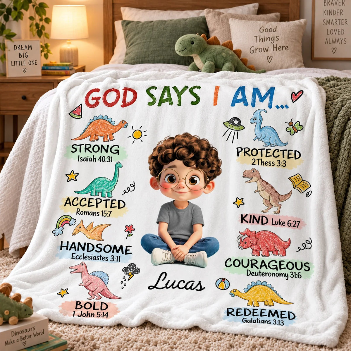 God Says I Am Personalized Blanket - Custom Christian Dinosaur Affirmation Blanket