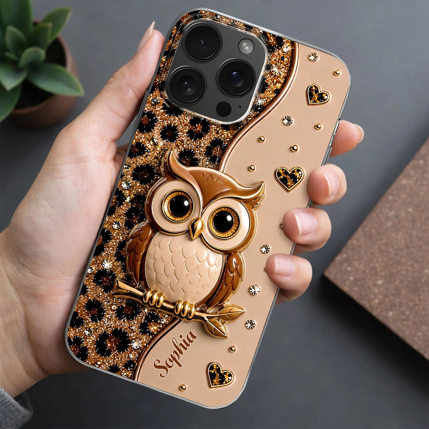 Personalized clear phone case featuring a cute wise owl on a branch with leopard print glitter hearts design image 8