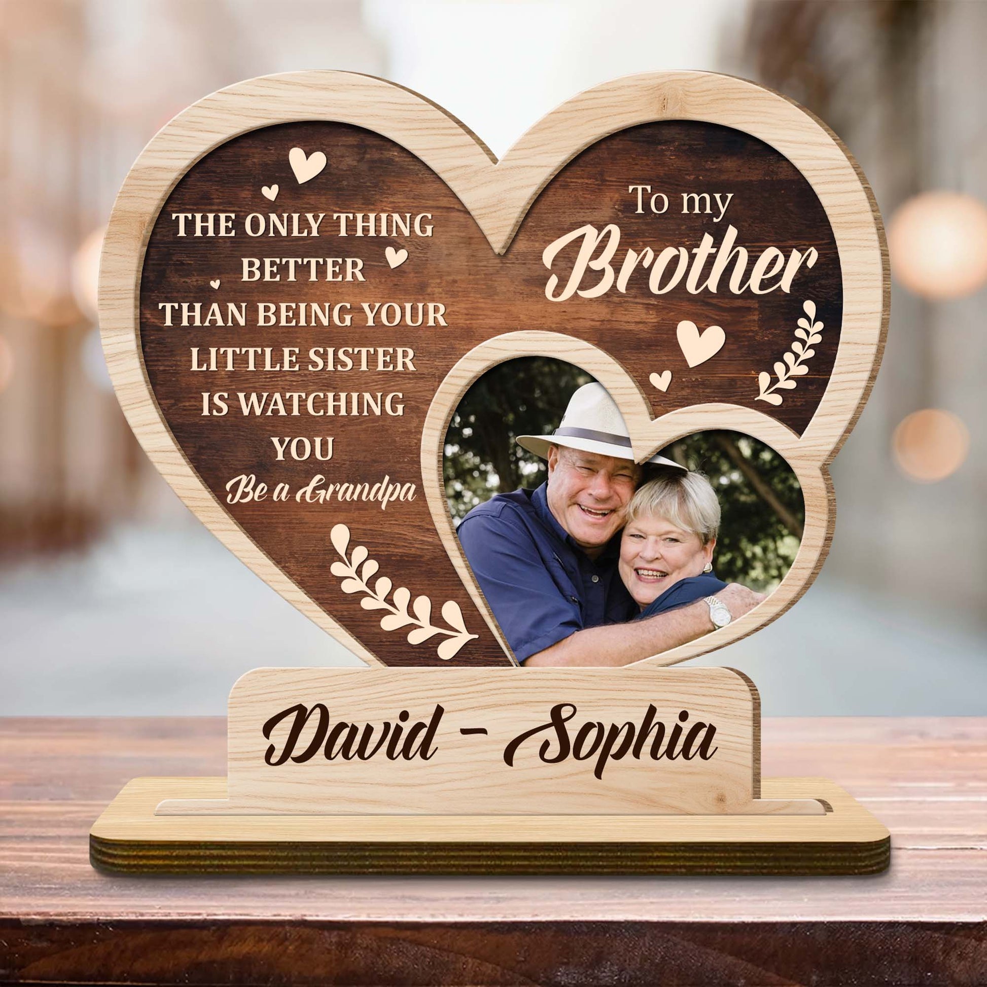 Personalized wood plaque for brother with custom photo frame and sentimental quote - custom keepsake desk gift with flat base image 6