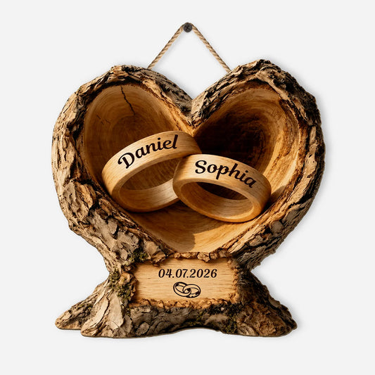Personalized Wedding Rings Heart Wood Sign - Custom Anniversary Keepsake for Couples