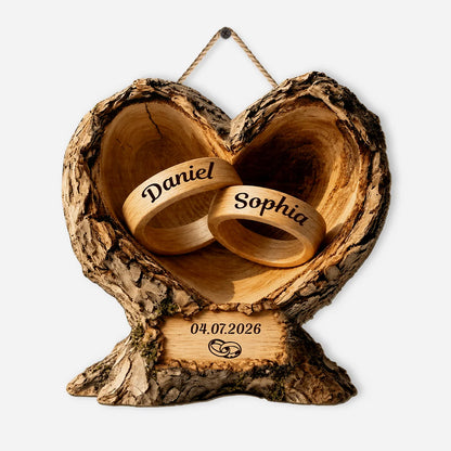Personalized Wedding Rings Heart Wood Sign - Custom Anniversary Keepsake for Couples