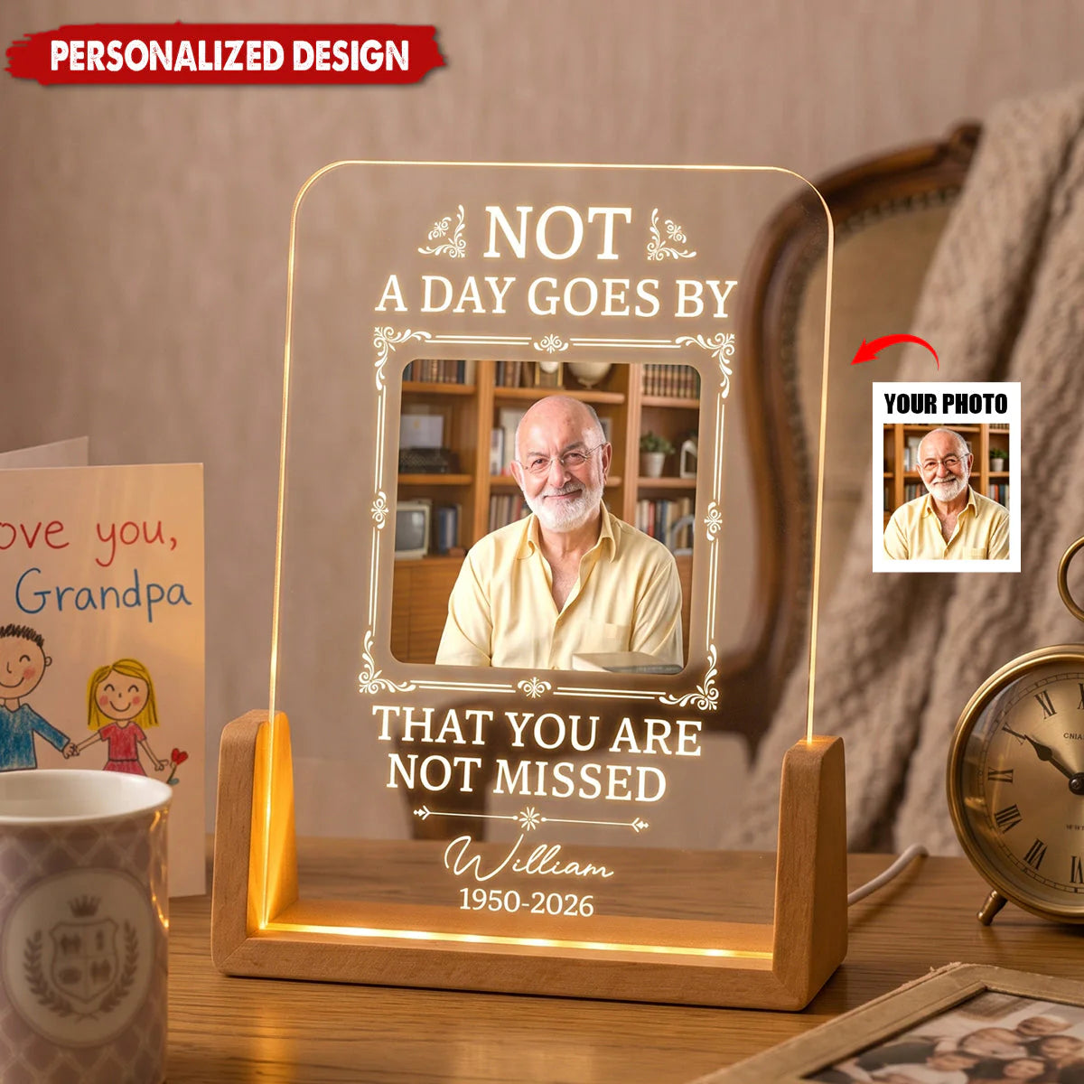 Personalized memorial night light with a custom photo of a smiling grandpa and warm glowing wooden base