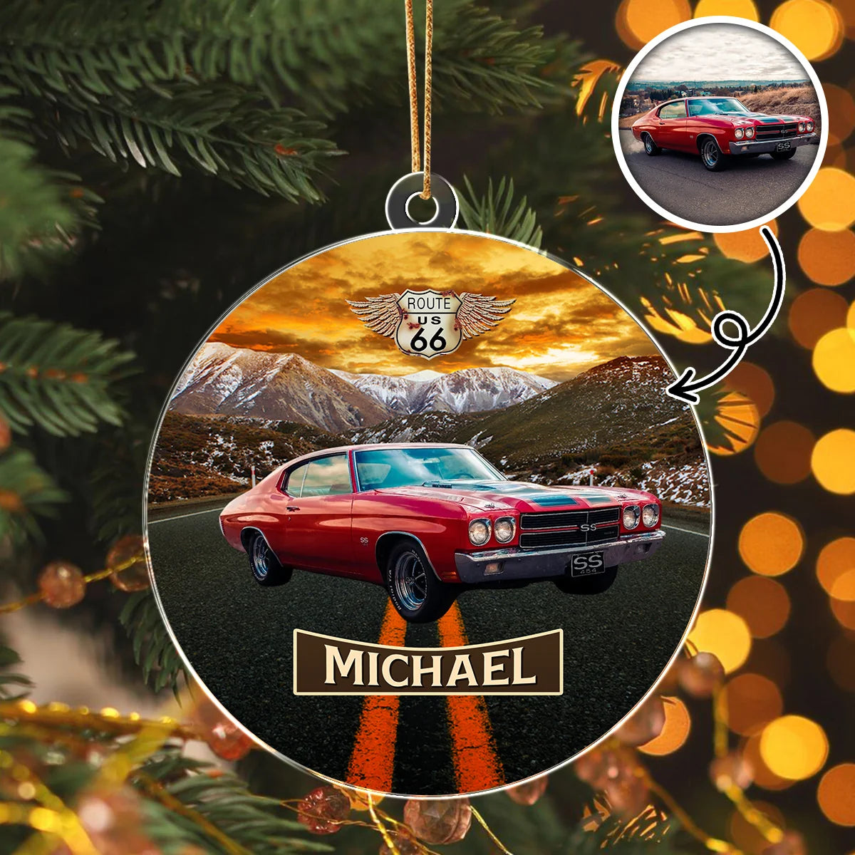 Route 66 Vintage Style - Personalized Car Photo Acrylic Ornament Gift for Car Lovers
