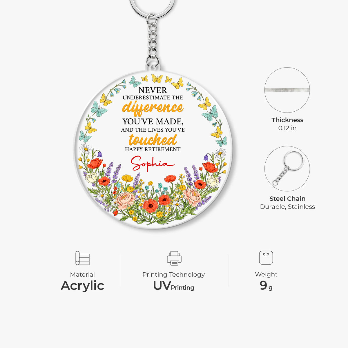 "Never Underestimate The Difference You Have Made" Personalized Keychain - Retirement Gift for Coworker