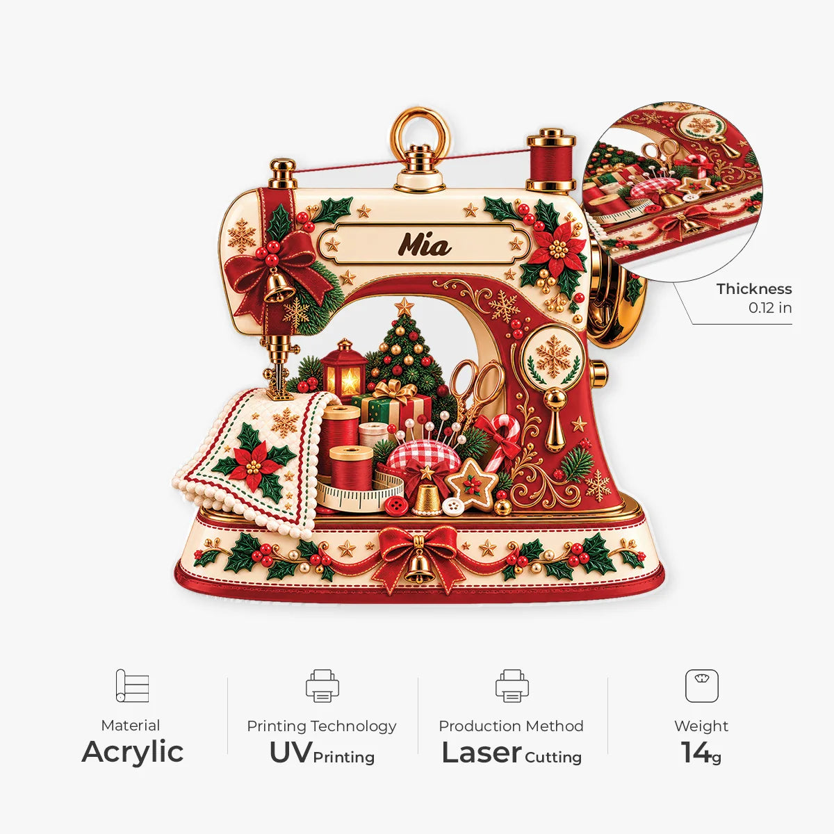 Vintage Crafter Personalized Sewing Machine Acrylic Ornament - Holiday Tree Keepsake for Mom & Grandma