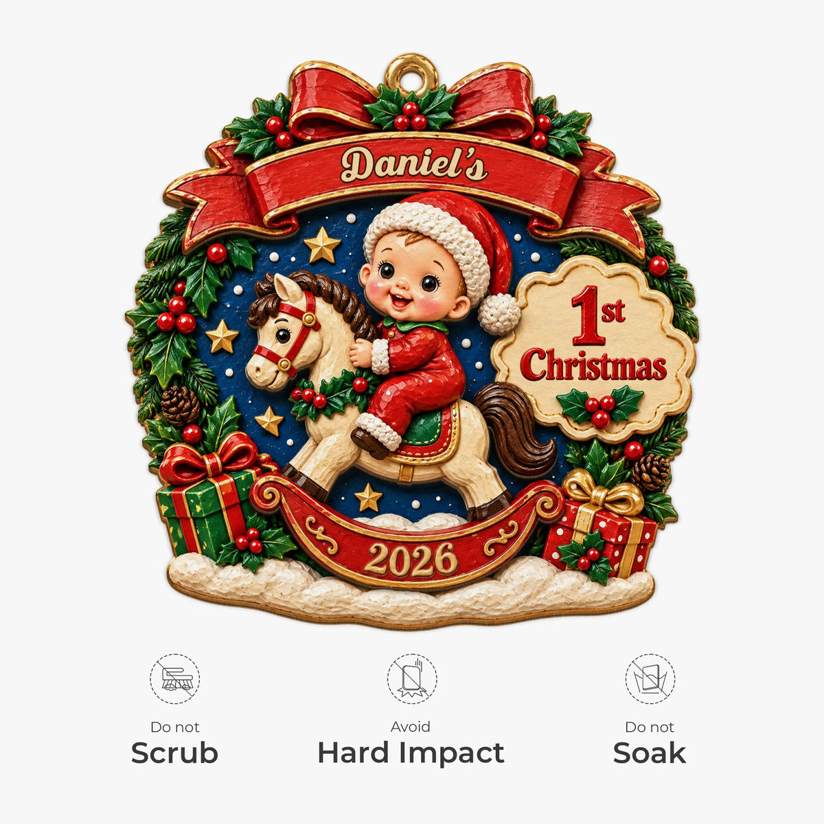 Baby's 1st Christmas Personalized Wooden Ornament - Custom Rocking Horse Keepsake for Newborns & Holiday Tree Decor