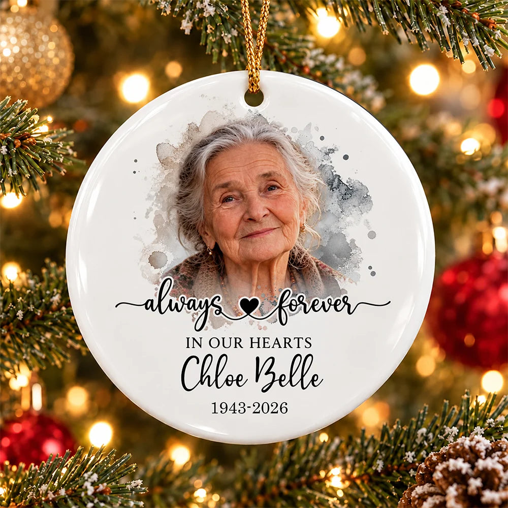 Always Forever in Our Hearts Personalized Memorial Ornament - Custom Photo Ceramic Gift