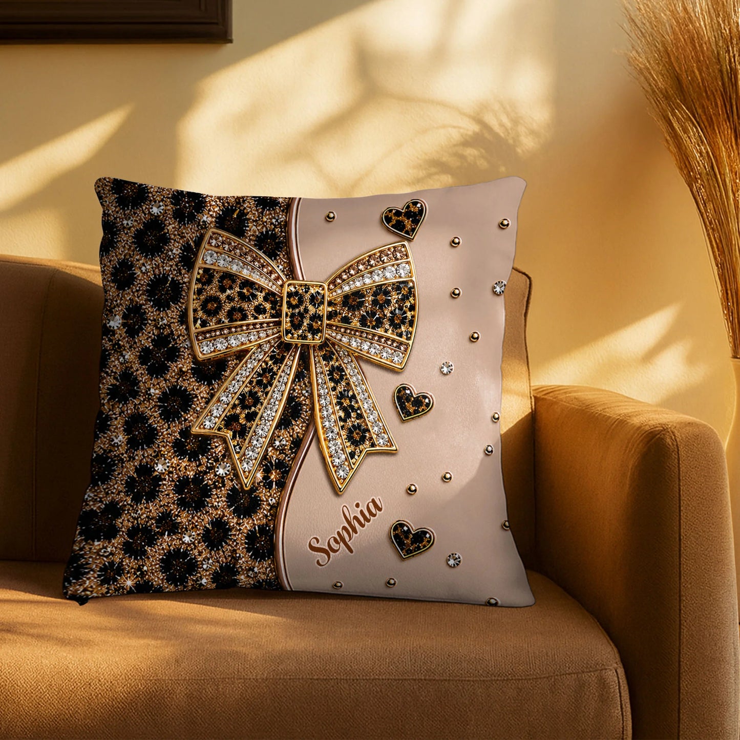 Personalized leopard print pillow featuring a sparkling jeweled bow and custom name, custom gift for her image 8