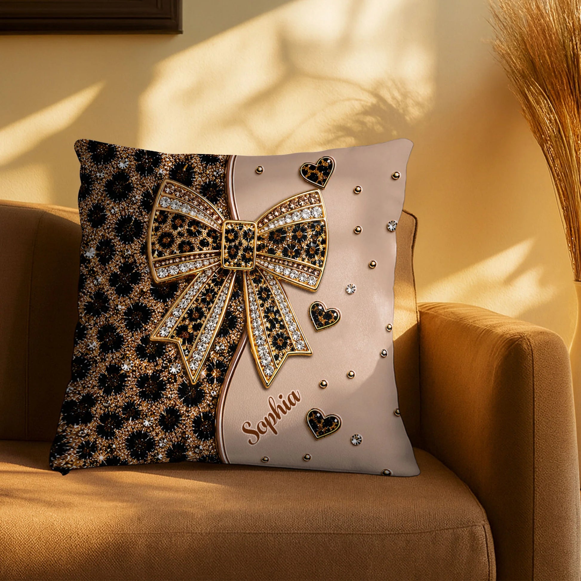 Personalized leopard print pillow featuring a sparkling jeweled bow and custom name, custom gift for her image 8