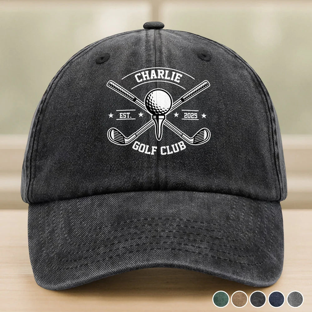 Custom Golf Club Name Washed Denim Baseball Cap - Personalized Golf Hat for Dad