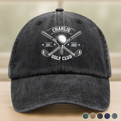 Custom Golf Club Name Washed Denim Baseball Cap - Personalized Golf Hat for Dad